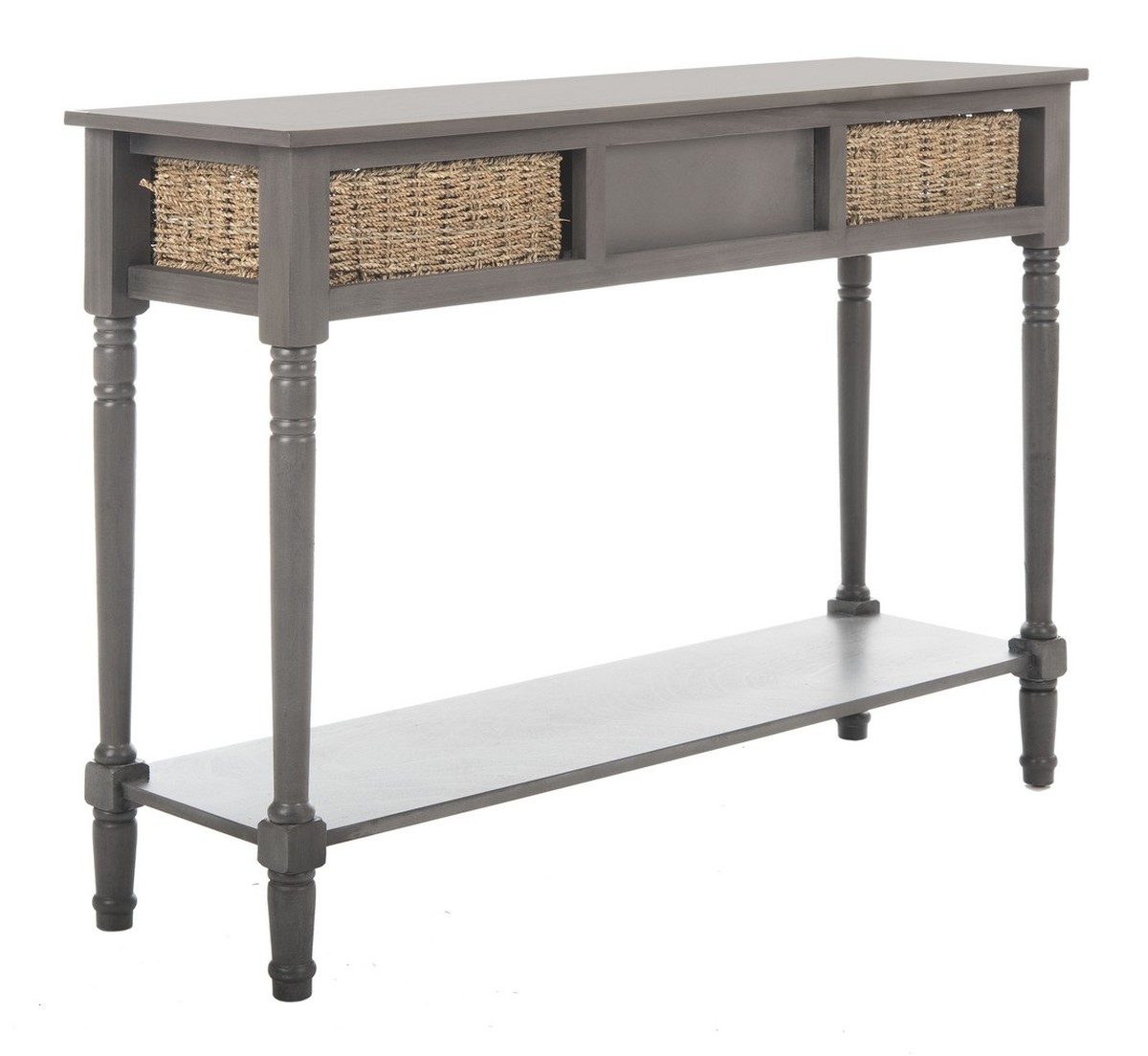 Amh5730a Consoles Furniture By Safavieh Crafted Of Pine In A Grey Painted Finish This Hardworking Console Has Lower Shelf And Rattan Drawers Flanking Wood Faced Drawer With Half Moon Pull