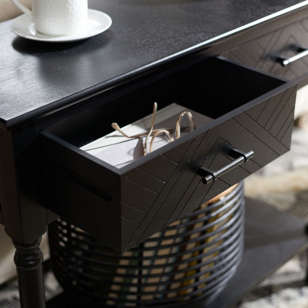 Console A 2 Cassetti Safavieh Peyton – Stile Classico Moderno, Finitura Nera E Dettaglio Spina Di Pesce – Larghezza 90 Cm - 2