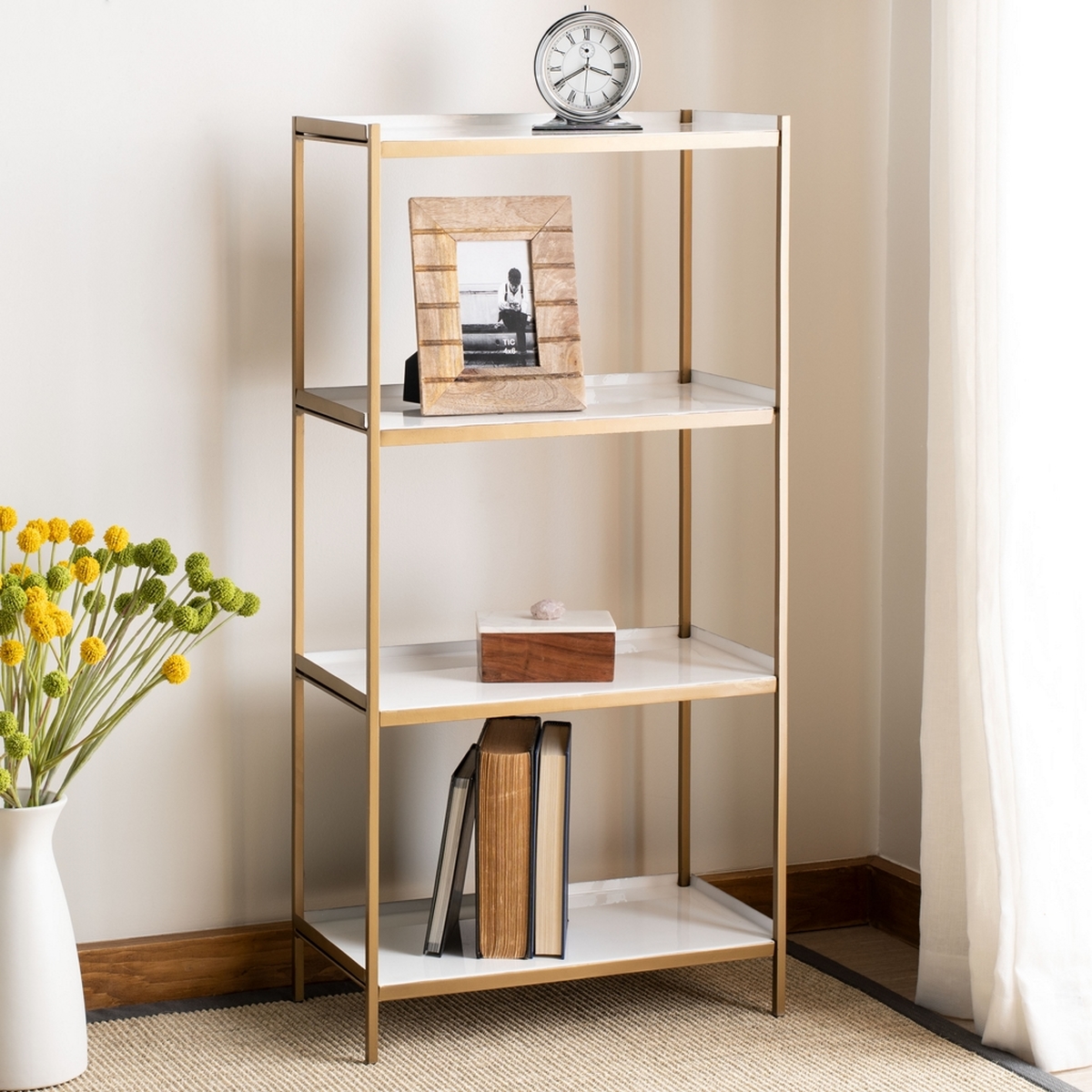 Etg3200a Bookcases Furniture By Safavieh Living Room With This Luxurious 4 Tier étagère Its Durable Iron Construction Features A Refined Brass Finish That Frames Chic White Shelves