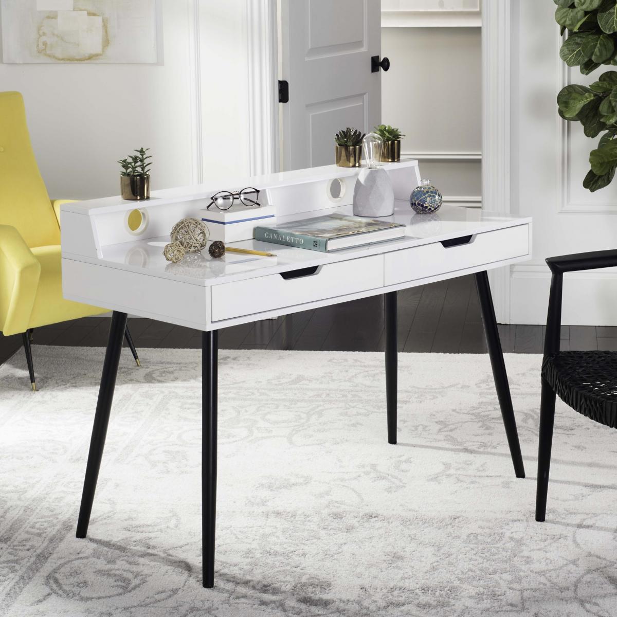 Fox2226a Desks Furniture By Safavieh Cairo Mid Century Retro Two Drawer High Gloss Writing Desk Fox2226a