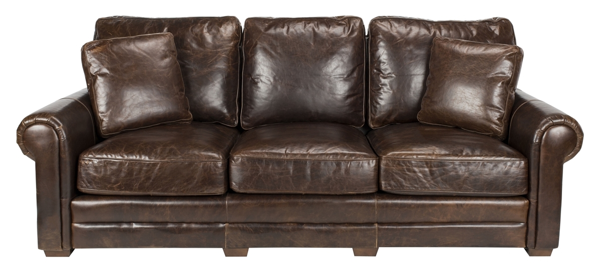 Traditional Top Grain Leather Distressed Sofa Safavieh Com Leather Upholstered Walter Sofa Crafted With Loose Back And Seat Pillows Birch Wood Legs In Espresso Finish This Piece Is Shown A Rich Brown