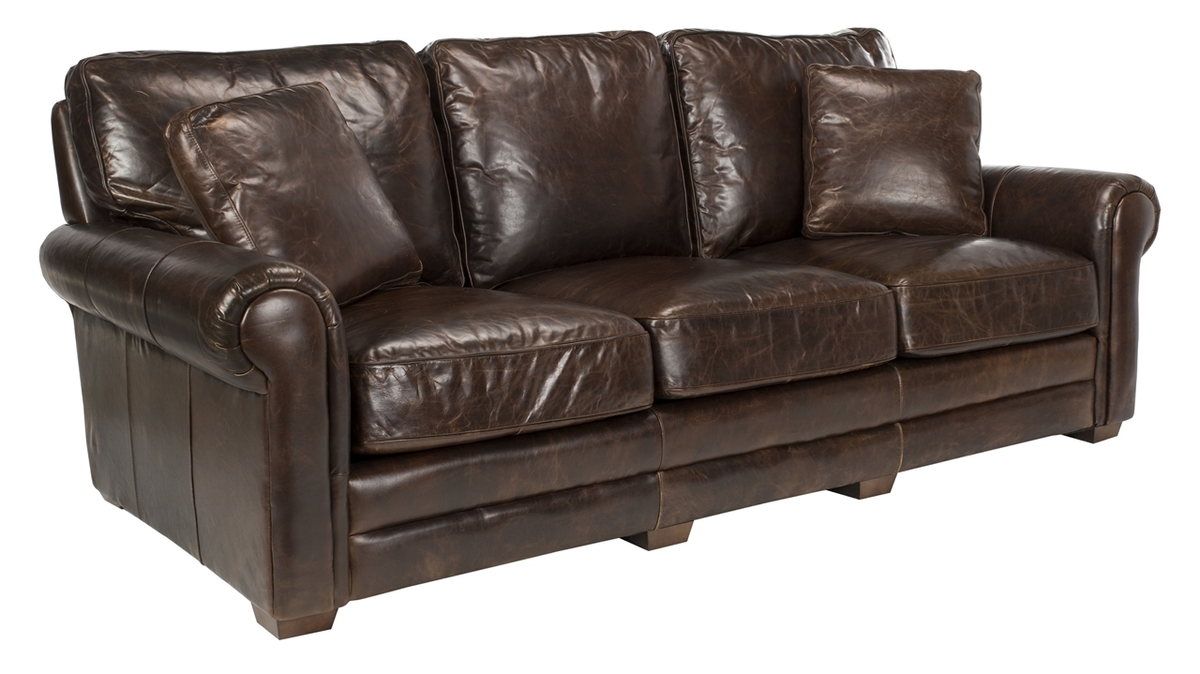 Traditional Top Grain Leather Distressed Sofa Safavieh Com Leather Upholstered Walter Sofa Crafted With Loose Back And Seat Pillows Birch Wood Legs In Espresso Finish This Piece Is Shown A Rich Brown
