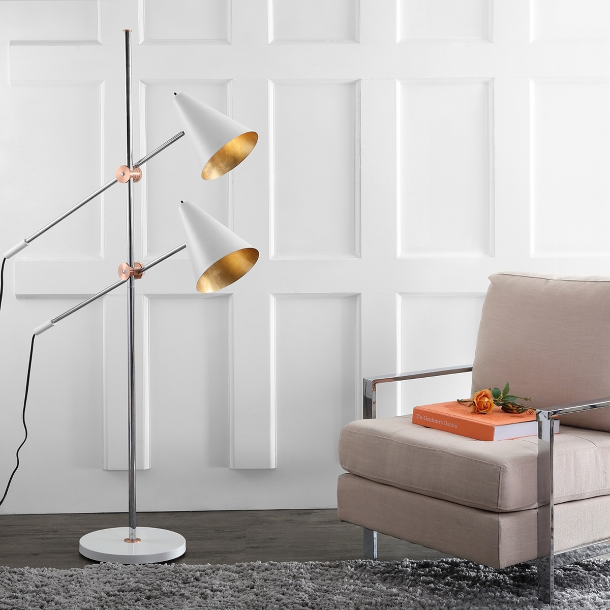 Lit4518a Floor Lamps Lighting By Safavieh This Contemporary Floor Lamp Is A Classic Its Dynamic Sculptural Form Crafted With Chrome And Finished In Sleek White Gold