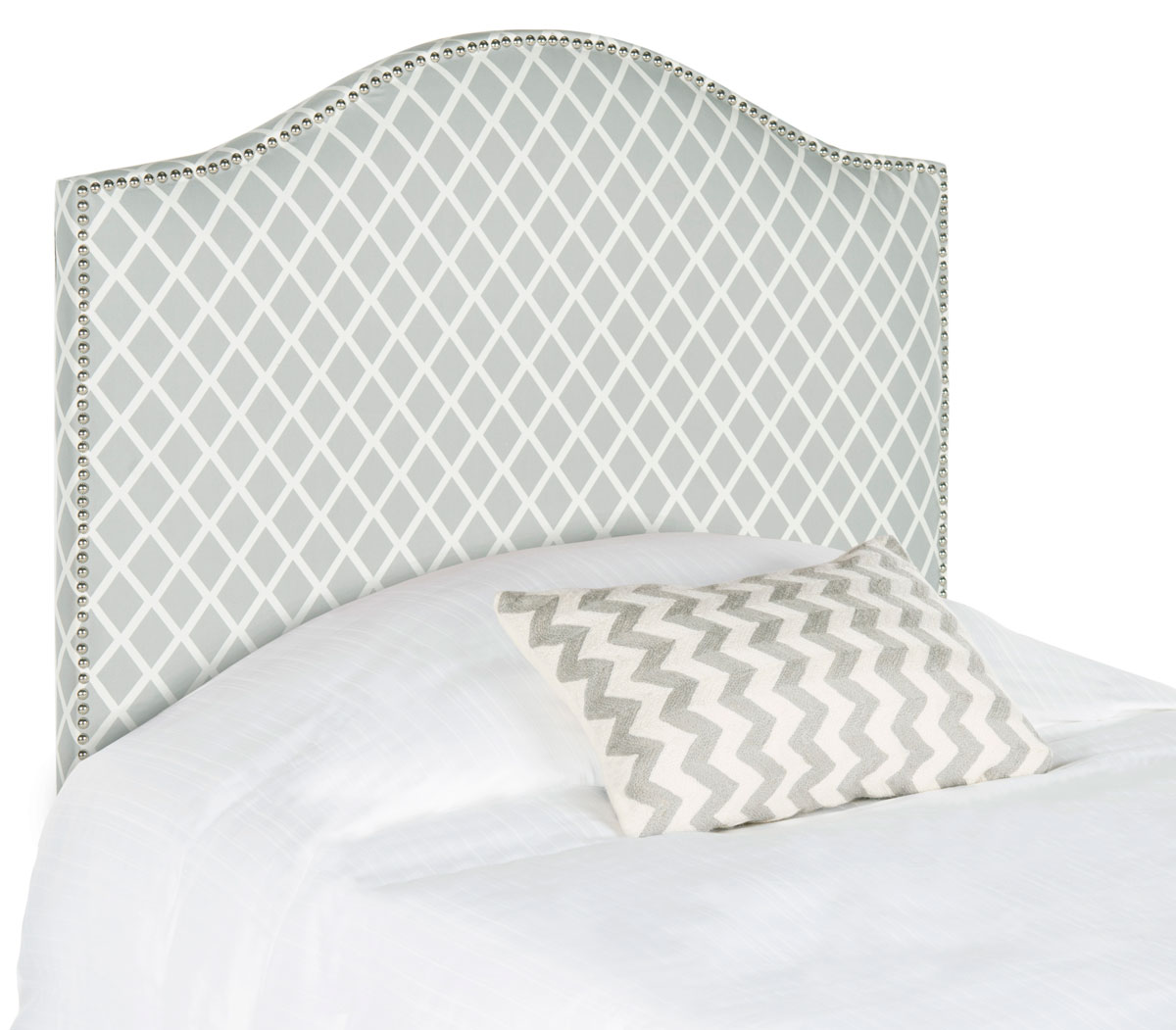 Connie Grey White Headboard Silver Nail Head Headboards Twin Headboard In Tightly Upholstered Grey And White Diagonal Plaid Fabric With Thick Padding To Assure Luxurious Comfort Silver Nailheads Outline The