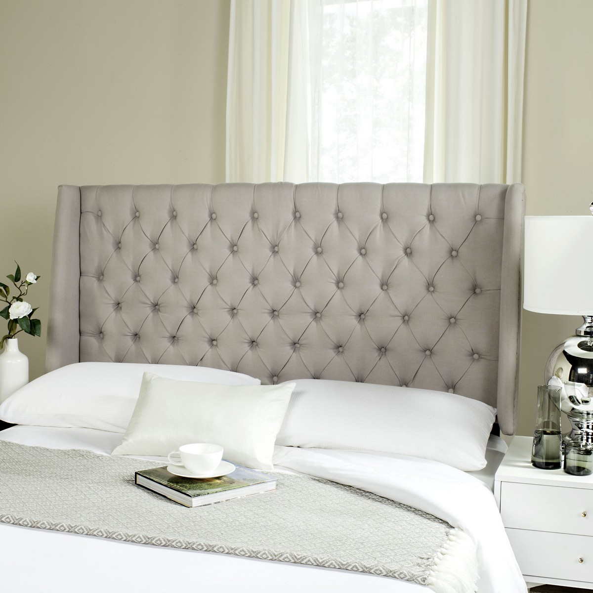 London Taupe Winged Linen Headboard Flat Nail Heads Headboards