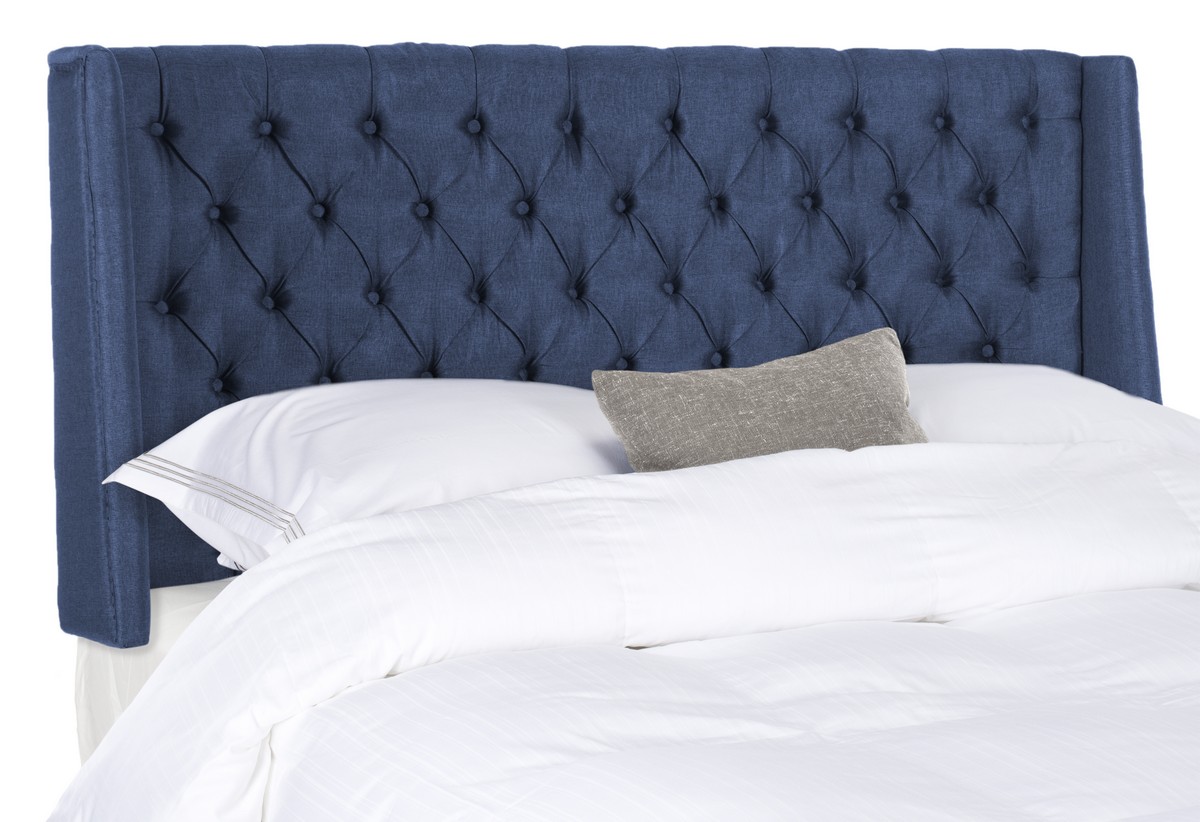 London Navy Linen Tufted Winged Headboard Flat Nail Heads Headboards
