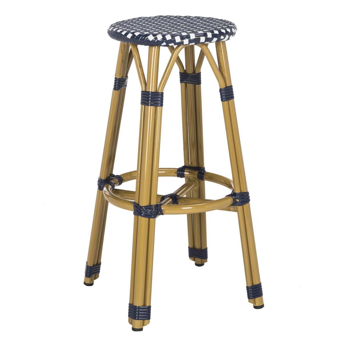 Pat4018a Bar Stools Outdoor Furniture By Safavieh Indoor Outdoor Counter Stool Is A Design Classic Its Light Brown Wicker Construction And Navy White Pattern Make It Versatile Piece That Brings