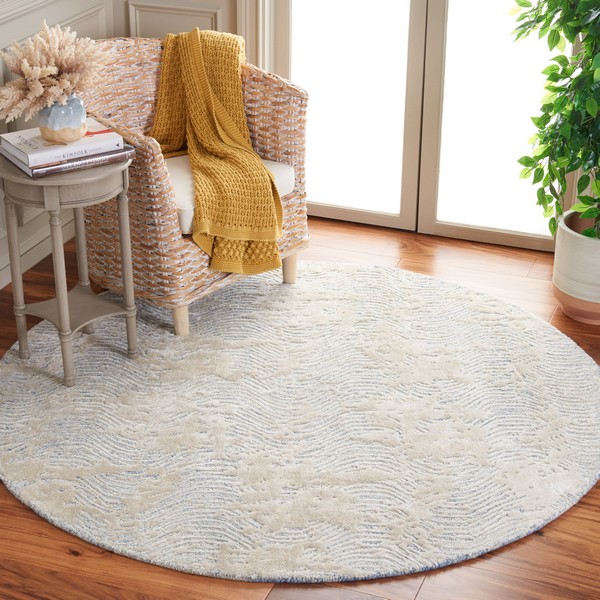 SAFAVIEH Novelty Collection Area Rug - 4' Round, Ivory & Teal, Handmade Boho Floral Wool, Ideal For High Traffic Areas In Living Room, Bedroom (NOV607J